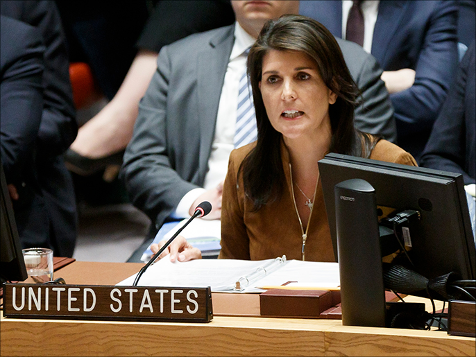 epa06657913 Nikki Haley, the United States' Permanent Representative to the United Nations, addresses an emergency United Nations Security Council meeting in response to a suspected chemical weapons attack in Syria at United Nations headquarters in New York, New York, USA, 09 April 2018. The suspected chemical attack took place over weekend in the Damascus suburb of Douma, killing at least 49 people. EPA-EFE/JUSTIN LANE