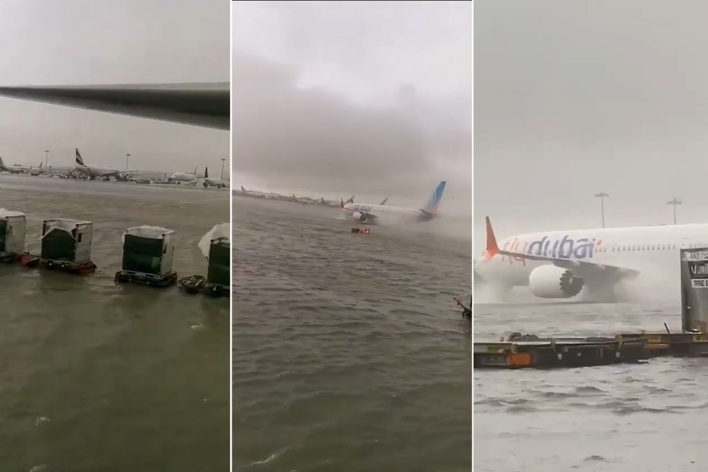 شاهد.. طائرة تهبط وسط السيول في مطار دبي