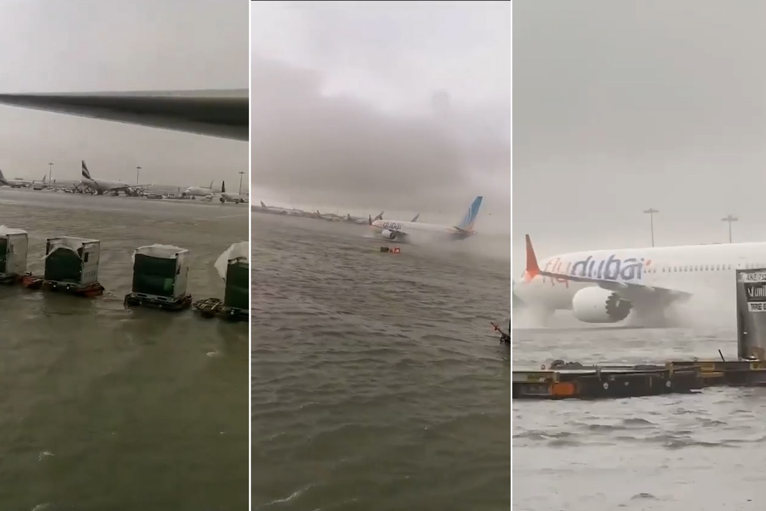شاهد.. طائرة تهبط وسط السيول في مطار دبي