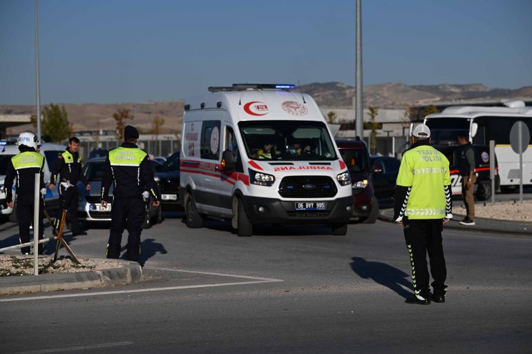 ANKARA, TURKIYE - OCTOBER 23: Security forces, firefighters, and paramedics are dispatched to Turkish Aerospace Industries' (TAI) facilities after explosions and gunshots were reported following a terrorist attack in the Kahramankazan district of Ankara, Turkiye on October 23, 2024. ( İsmail Kaplan - Anadolu Agency )