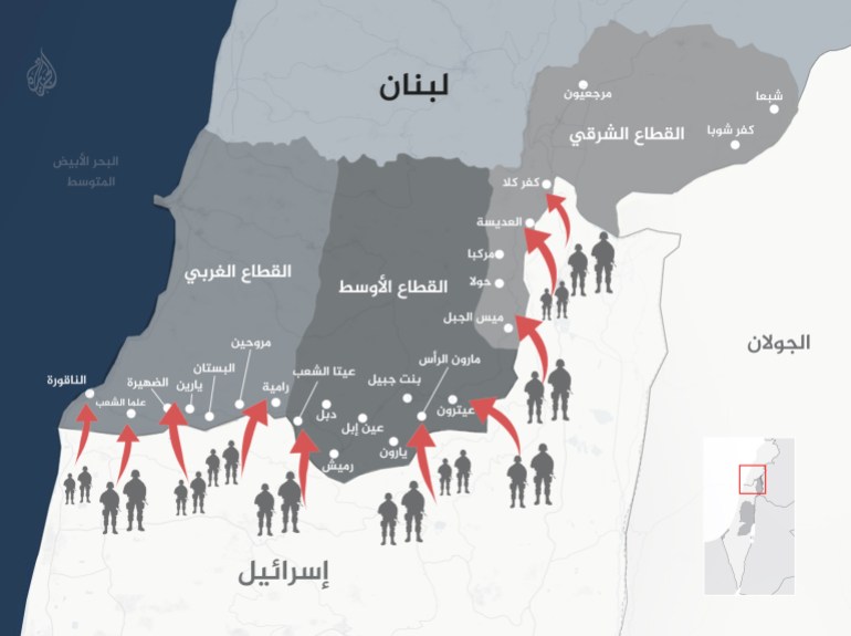 محاور المواجهة العسكرية الميدانية بين حزب الله وإسرائيل (الجزيرة)