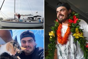 رجل أوليفر ويدجر فيراس أوليفر ويدجر الذي ترك وظيفته لإبحار مع قطته يصل إلى المشجعين الهتافين في هاواي بعد رحلة مدتها أسابيع