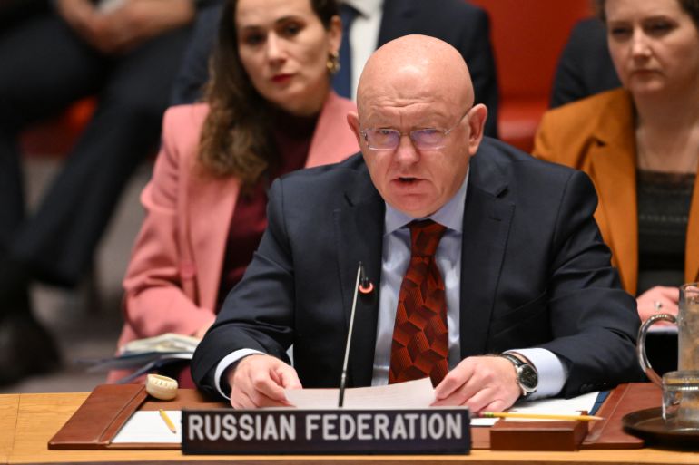 Russian Ambassador to the United Nations Vasily Nebenzya speaks during a United Nations Security Council meeting on the Israel-Iran conflict at the UN headquarters in New York on June 20, 2025.