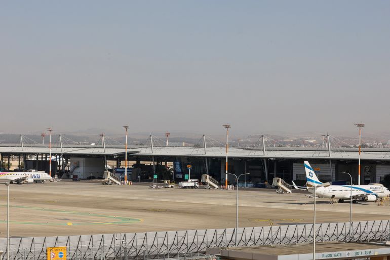 ارشيف A picture shows airplanes on the tarmac at Israel's Ben Gurion airport near Tel Aviv on November 6, 2024