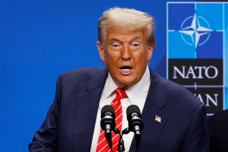 THE HAGUE, NETHERLANDS - JUNE 25: US President Donald Trump speaks during a news conference following the 2025 NATO Summit on June 25, 2025 in The Hague, Netherlands. Among other matters, members are to approve a new defense investment plan that raises the target for defense spending to 5% of GDP. (Photo by Omar Havana/Getty Images)