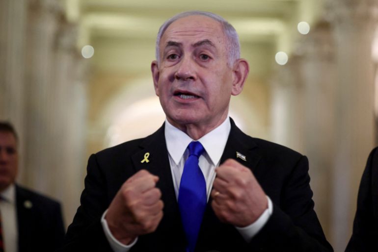 Israeli Prime Minister Benjamin Netanyahu speaks to the press, on Capitol Hill in Washington, D.C. U.S. July 8, 2025. REUTERS/Evelyn Hockstein