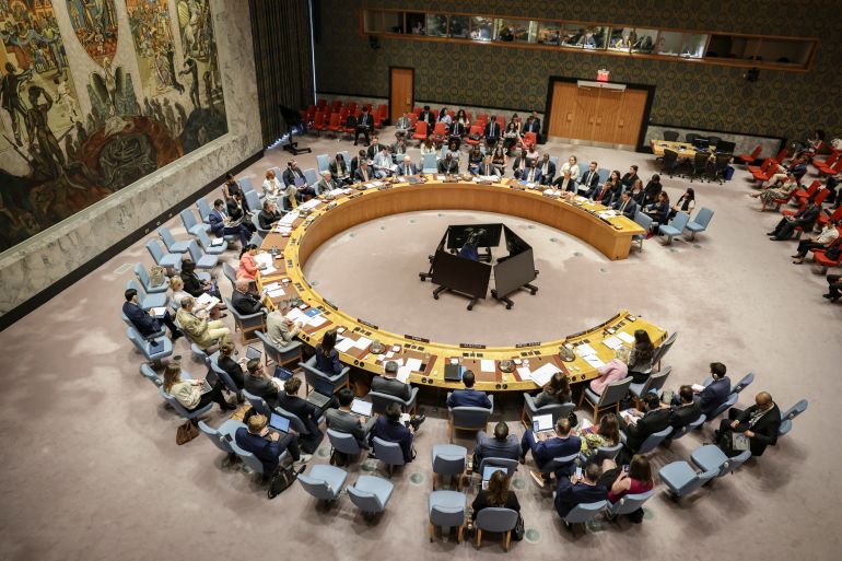 Britain's Permanent Representative to the UN Barbara Woodward speaks to delegates about the situation in Gaza during a United Nations Security Council meeting at U.N. headquarters, in New York City, U.S., July 16, 2025. REUTERS/Jeenah Moon
