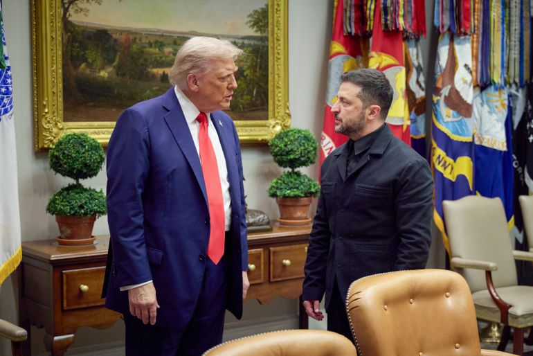 epa12308711 A handout photo made available by the Presidential Press Service shows United States President Donald J Trump (R) meets President of Ukraine Volodymyr Zelensky (L) in the Oval Office of the White House in Washington, DC, USA, 18 August 2025. European Leaders are at the White House in support of President Zelenskyy following President Trump’s meeting with President Vladimir Putin of Russia in Anchorage, Alaska, USA, on August 15, 2025. EPA/PRESIDENTIAL PRESS SERVICE / HANDOUT HANDOUT EDITORIAL USE ONLY/NO SALES