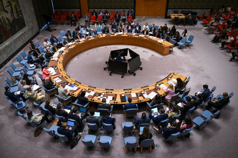 A general view shows the United Nations Security Council meeting on the conflict in the Middle East, including the Palestinian question, at the United Nations headquarters on July 16, 2025, in New York City. (Photo by ANGELA WEISS / AFP)
