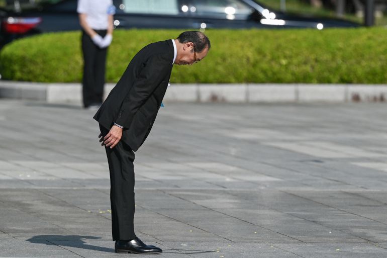 Hiroshima Mayor Kazumi Matsui bows toward the Memorial Cenotaph after giving a speech during the Peace Memorial Ceremony to mark the 80th anniversary of the world's first atomic bomb attack, in the city of Hiroshima on August 6, 2025.
