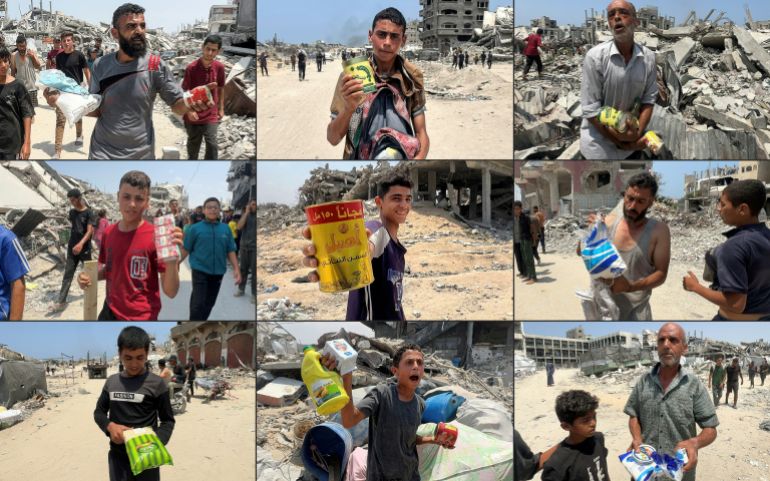 (COMBO) This combination of pictures shows Palestinians holding food items that they were able to obtain from a parcel of humanitarian aid dropped by a military aircraft in Jabalia in the northern Gaza Strip on August 9, 2025.