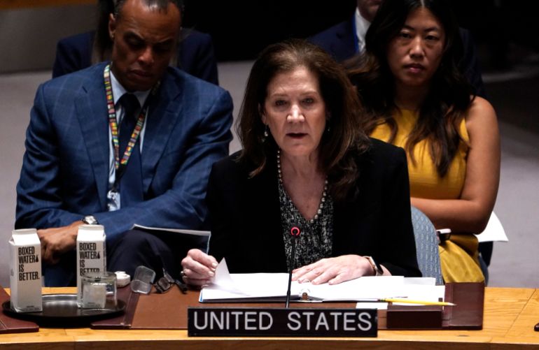 US Ambassador to the UN Dorothy Shea speaks during an emergency UN Security Council meeting on the situation in Gaza at United Nations headquarters on August 10, 2025 in New York.
