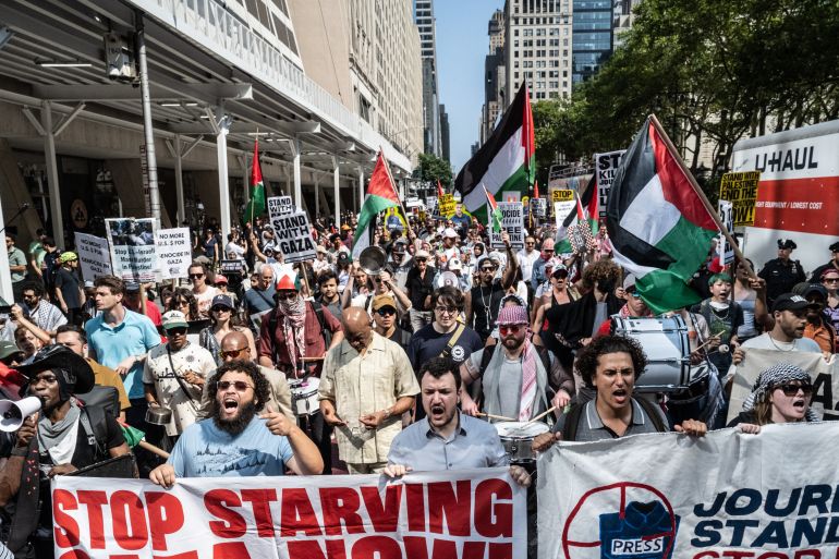NEW YORK, NEW YORK - AUGUST 16: Mahmoud Khalil, former Columbia University graduate student known for his role in the 2024 Columbia University pro-Palestinian protests, leads a Pro-Palestinian "March for Humanity" against the humanitarian crisis in Gaza on August 16, 2025 in New York City. A coalition of over 200 groups and organizations, including Palestinian diaspora groups, pro-Palestinian solidarity groups, labor unions, anti-war groups, and faith groups organized the march. Stephanie Keith/Getty Images/AFP (Photo by STEPHANIE KEITH / GETTY IMAGES NORTH AMERICA / Getty Images via AFP)