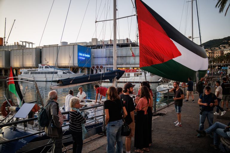 Boats that will leave to Gaza joining the “Global Sumud Flotilla” gather in Genoa harbor on August 30, 2025. The flotilla 'Global Sumud Flotilla' will try to reach the Palestinian Gaza Strip which has been under an Israel's 22-month offencive following an attack by Hamas militants on Israel in October 2023.