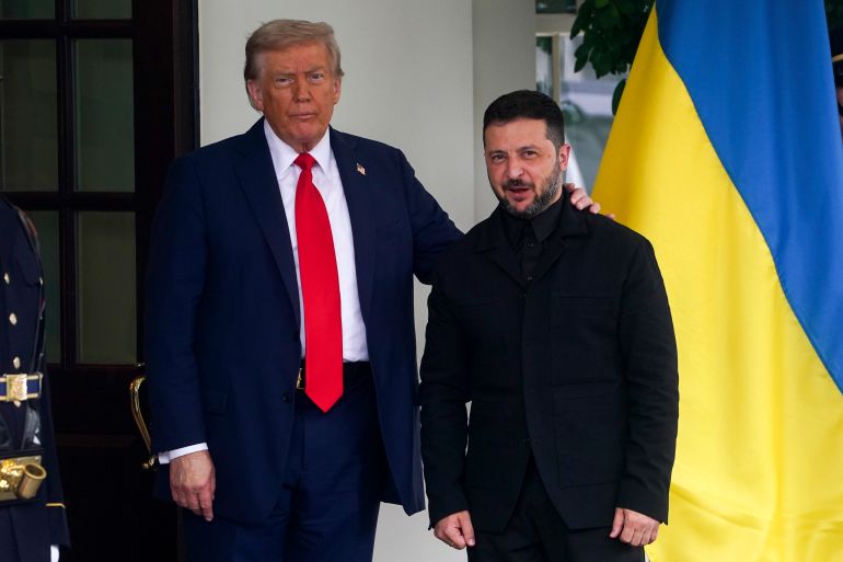 epaselect epa12308480 US President Donald Trump greets Ukraine's President Volodymyr Zelensky at the White House, Washington, DC, USA, 18 August 2025. President Trump is meeting with European leaders and President Zelensky to discuss the conflict between Ukraine and Russia. EPA/WILL OLIVER