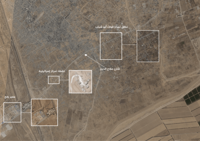 (نطاق عمل ميليشيا أبو شباب وموقعها من معبر رفح والتمركز الإسرائيلي / المصدر: الجزيرة تحقق+ بلانيت) 