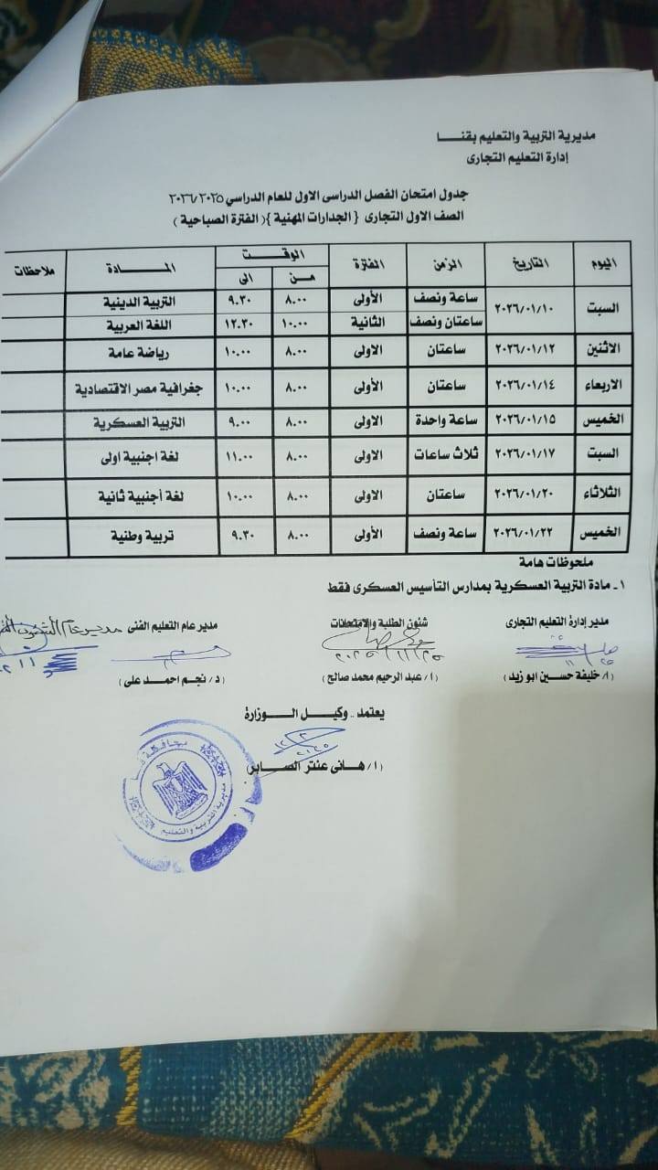 May be an image of harp, ticket stub, clarinet and text that says 'التربية مديرية مديرية_التربية والتعليم بقنا إدارة التعليم التجارى جدول امتحان الفصل الدراسي الاول للعام الدراسي ٢۳۳۳٣۰۰۵ الصف الاول التجارى الجدارات [المهنية الفارة لصيا ملاحظلات المادة الفرة التربية الدينية الله العربية رياضة عامة الزمن ۱۲..۰ التاریع اليوم ساعة ونصف الأولى الثانية ۱٠٠٠٠ ኢ.. ساعتان ونصف ٠۲۰/٠//۰۰۰۰ جفرافية مصر الاقتصادية الاولى السيت ساعتان ٨٠٠٠ ۲۲/۱۰/۱۲ التربية الأولى ۹٠٠۰ الاثنين ساعتان لفة جنيية ۳۰/۱۱/۱۴ الاولى 11..• الاربعاء ساعة واحدة ٢٠٢٠/١١/١١٥ الاولى الخميس ثلاث ساعات ۱٠٠٠٠ A... ۲۱/۱۱/۱+۱ تربية وطنية السيت الاولى ساعتان ۹۹.۰ ۲٢/٢۲/۲۰۰۰ الأولى الثلاثاء ونف イーマン・マイ الخميس اللعليم الغنى سیس العسكرى فقط بمدارس ملحوظات التربية التعليم التجارى محمد الوزارة يعتمد'