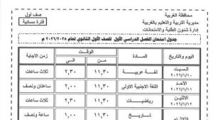 جدول امتحانات الفصل الدراسي الاول 2026 جميع الصفوف ..شوف جدولك