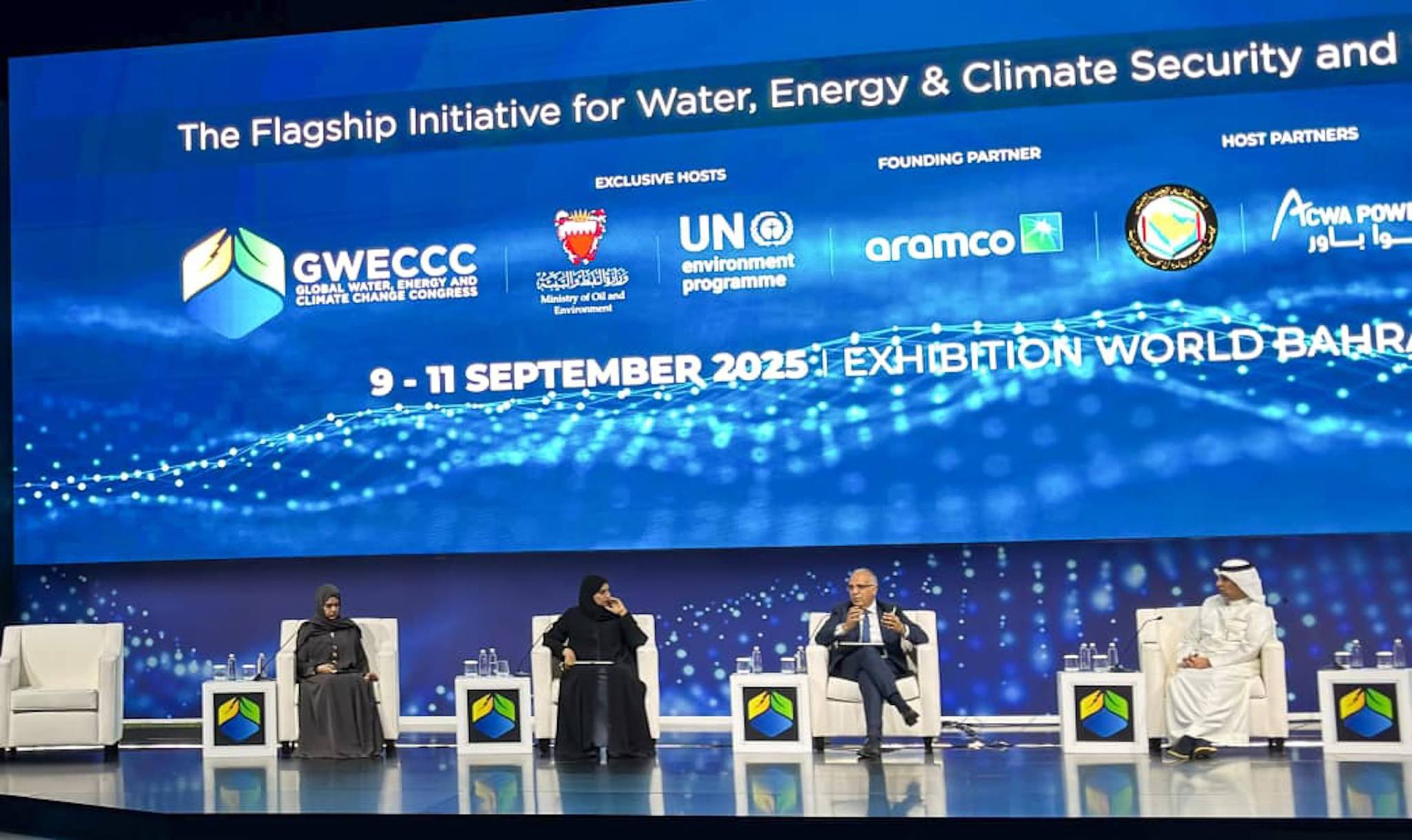May be an image of dais, newsroom and text that says 'The Flagship Initiative for Water, Energy & Climate Security and EXCLUSIVE HOSTS FOUNDING PARTNER GWECCC NERGY AND CLIRATE WATER-E CHANGE CONGRESS ስ HOST PARTNERS ยส finkutry and Emrinarmend UN environment programme aramco Acwa باور 9 POW و 9-11 11 SEPTEMBER 20251 EXHIBITION WORLD'