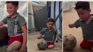 بلا ساقين وبـ يد واحدة.. طفل يتحدى إعاقته ويلعب كرة القدم بين خيام النازحين في غزة