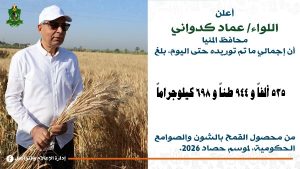 محافظ المنيا: انتظام أعمال توريد القمح واستلام 536 ألف طن من الموردين