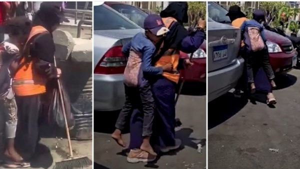 ابنها على ضهرها والشمس فوق دماغها.. كفاح عاملة نظافة في شوارع القاهرة